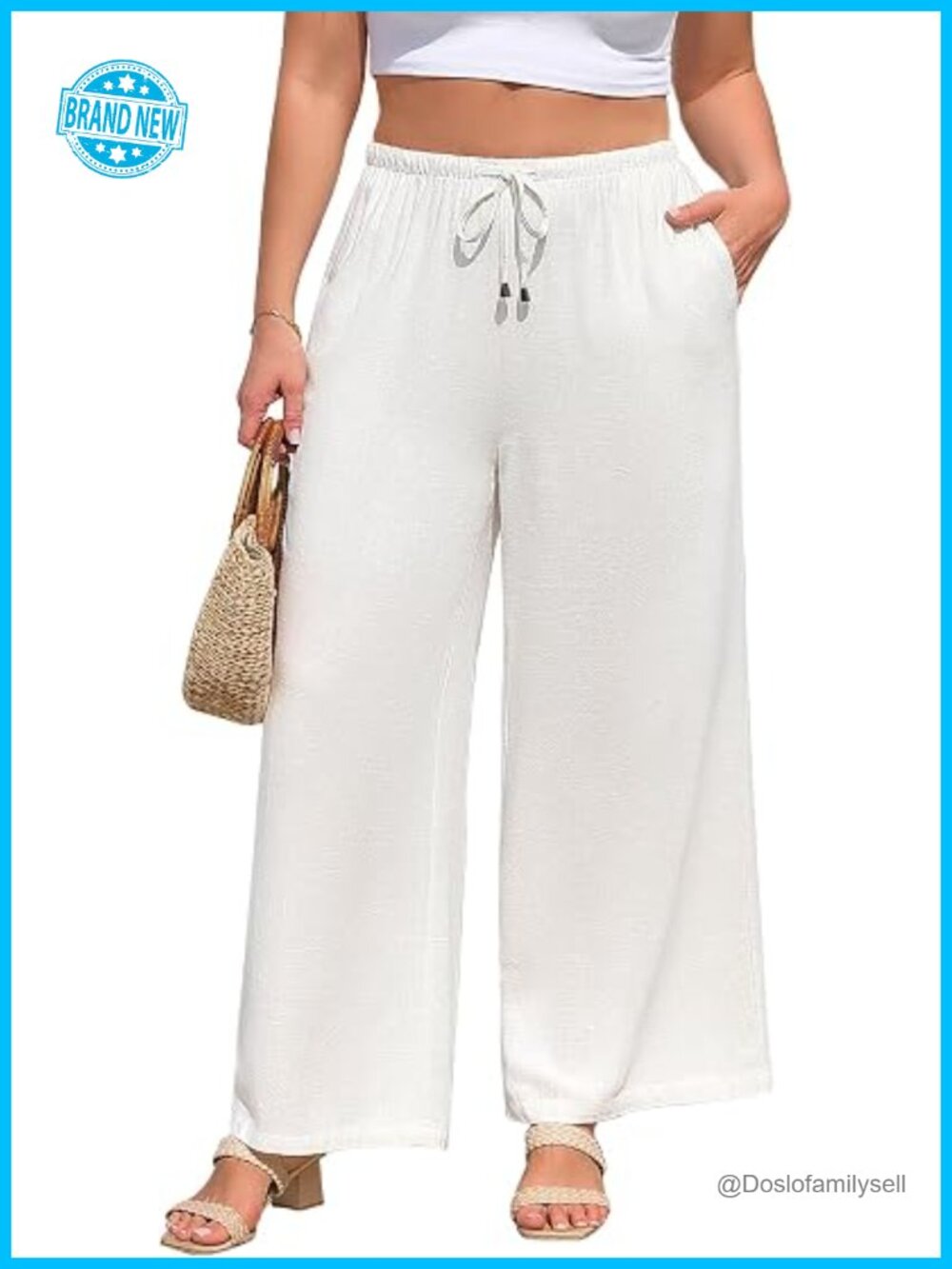 Plus Size Linen Wide Leg Pants - Elastic High Waist Flowy Palazzo Trousers with